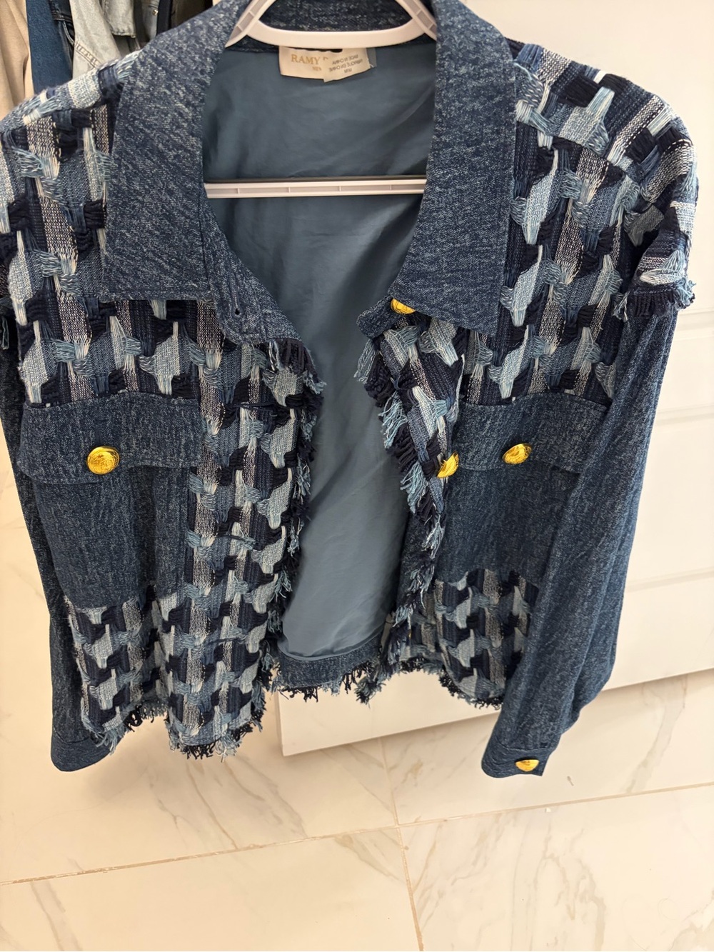 Ramy Brook Textured Blue Tweed Jacket with Gold Buttons